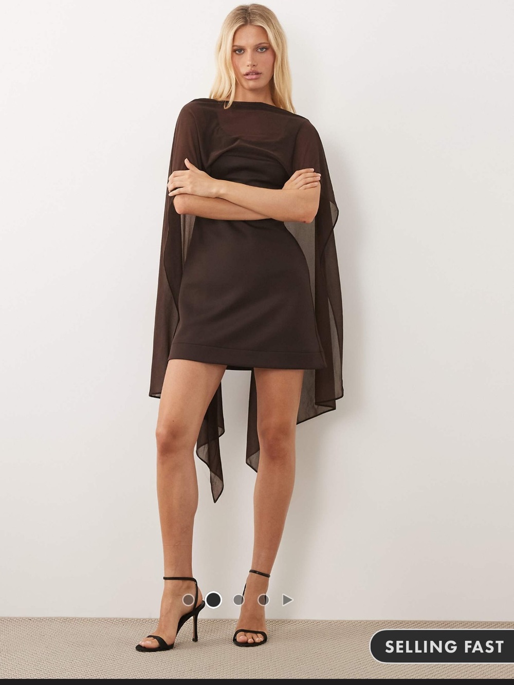 New With Tags Chocolate Dark Brown Mini Dress With Sheer Cape Shoulder
